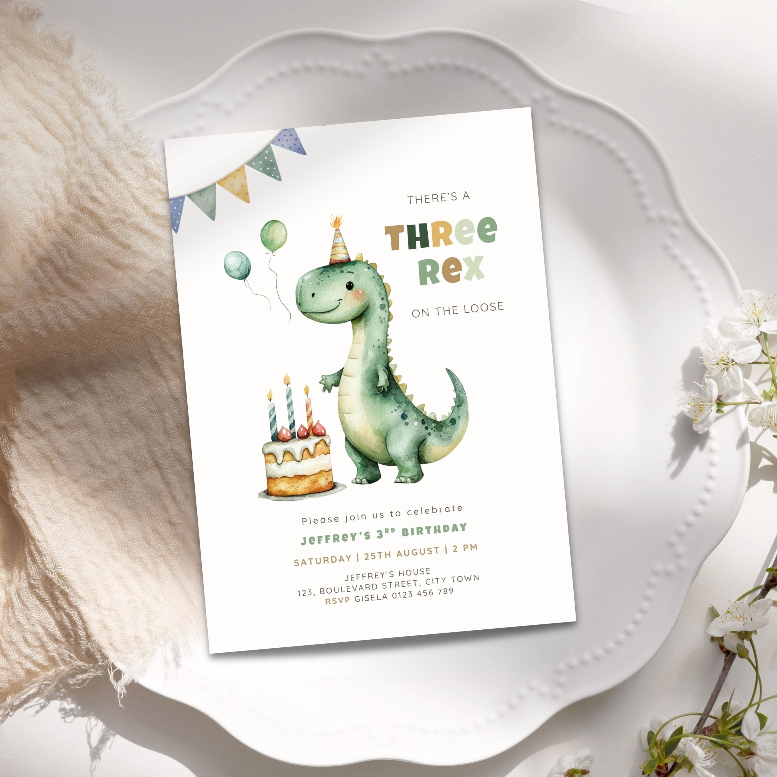 Green Dinosaur Three Rex 3rd Birthday Invitation Template