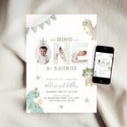 A baby dinosaur-themed first birthday invitation card displayed on a soft beige fabric background, with a smartphone showing the digital version of the invitation beside it.