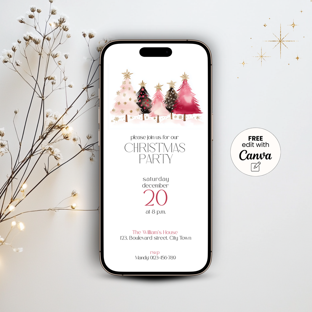 Pink gold Christmas invitation template on a smartphone with a Free edit with Canva badge