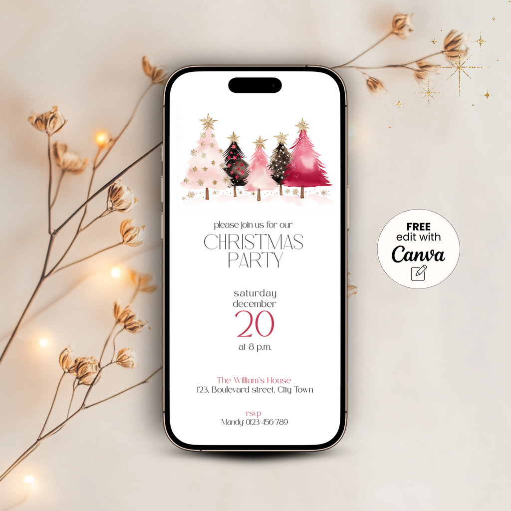 Pink gold Christmas invitation template on a smartphone with watercolor trees and string lights