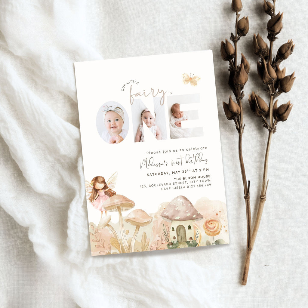 Fairy First Birthday Photo Invitation Template Girls