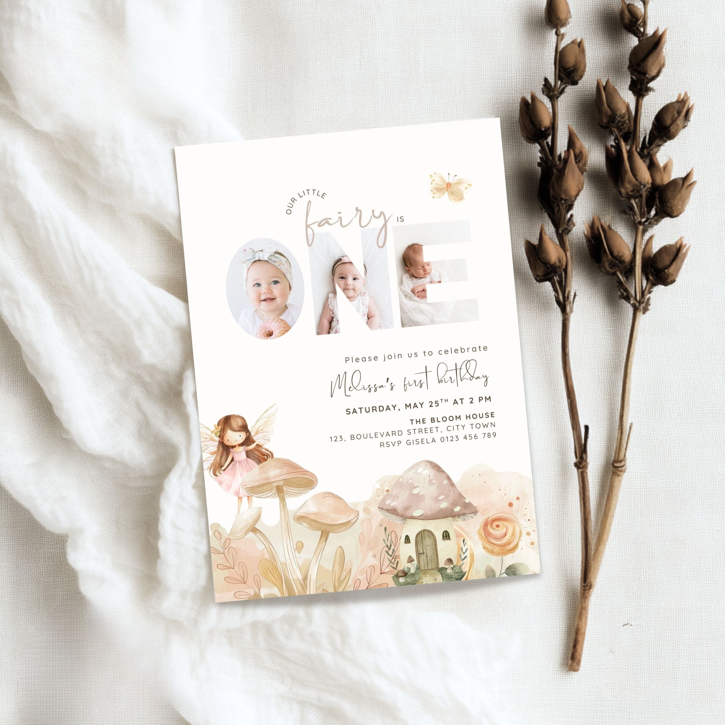 Fairy First Birthday Photo Invitation Template Girls