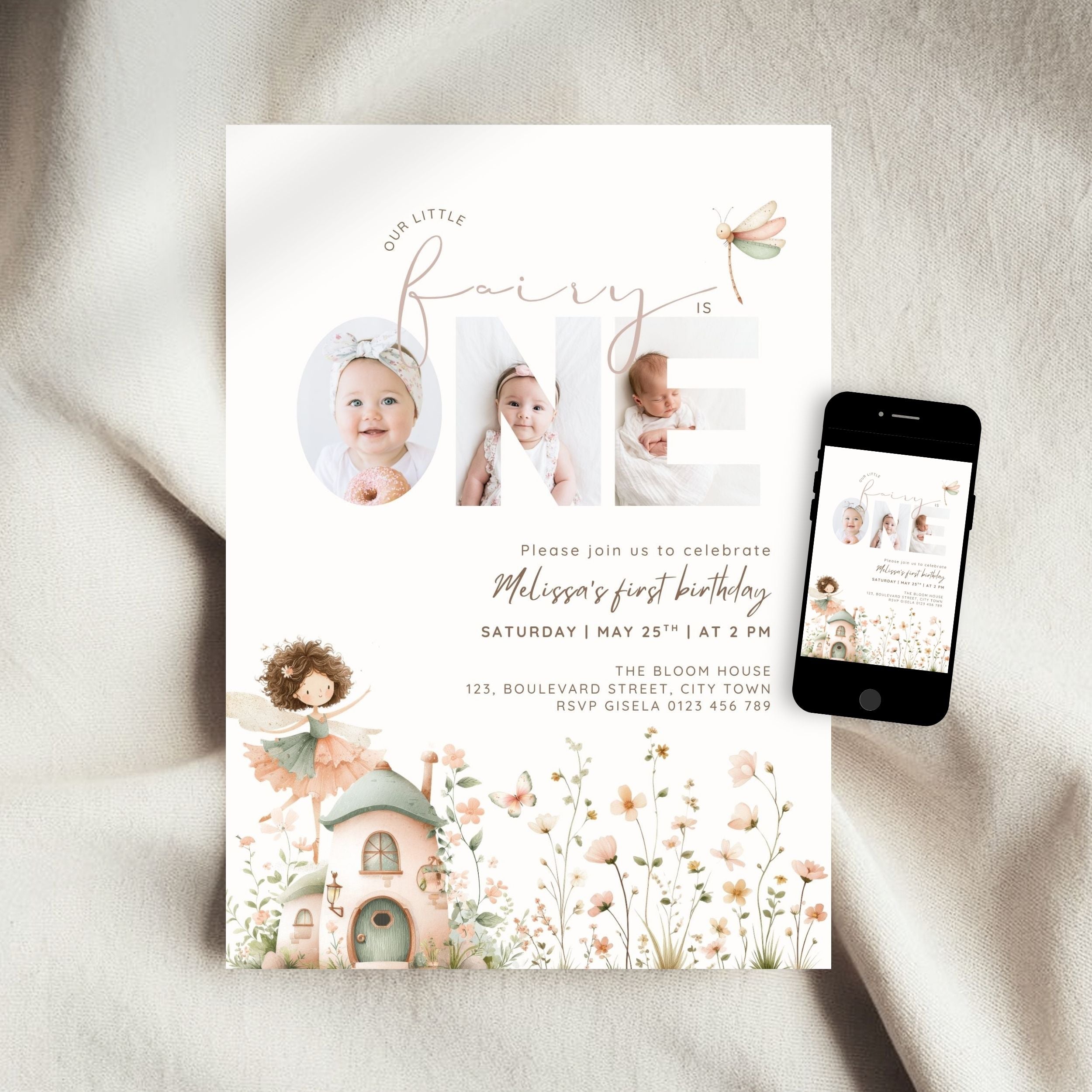 Fairy First Birthday Photo Invitation Template