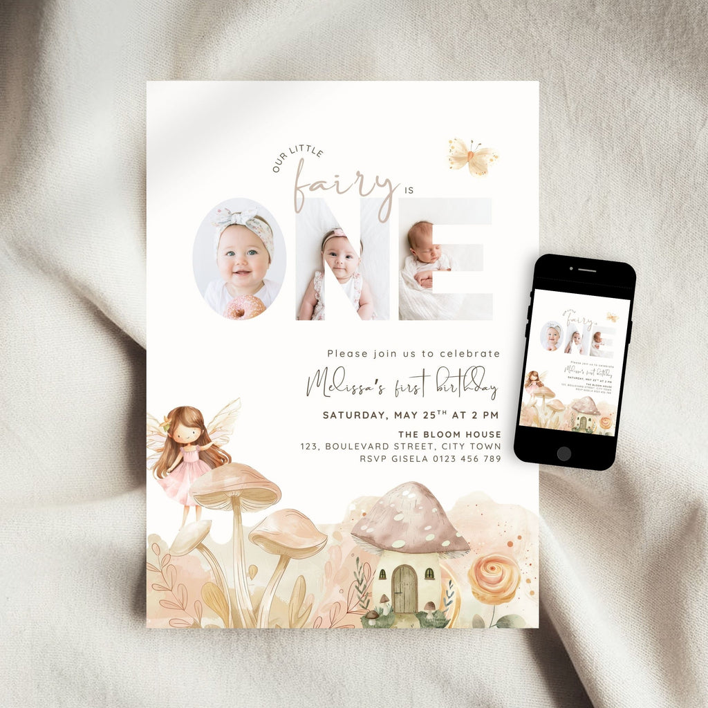 Fairy First Birthday Photo Invitation Template Girls