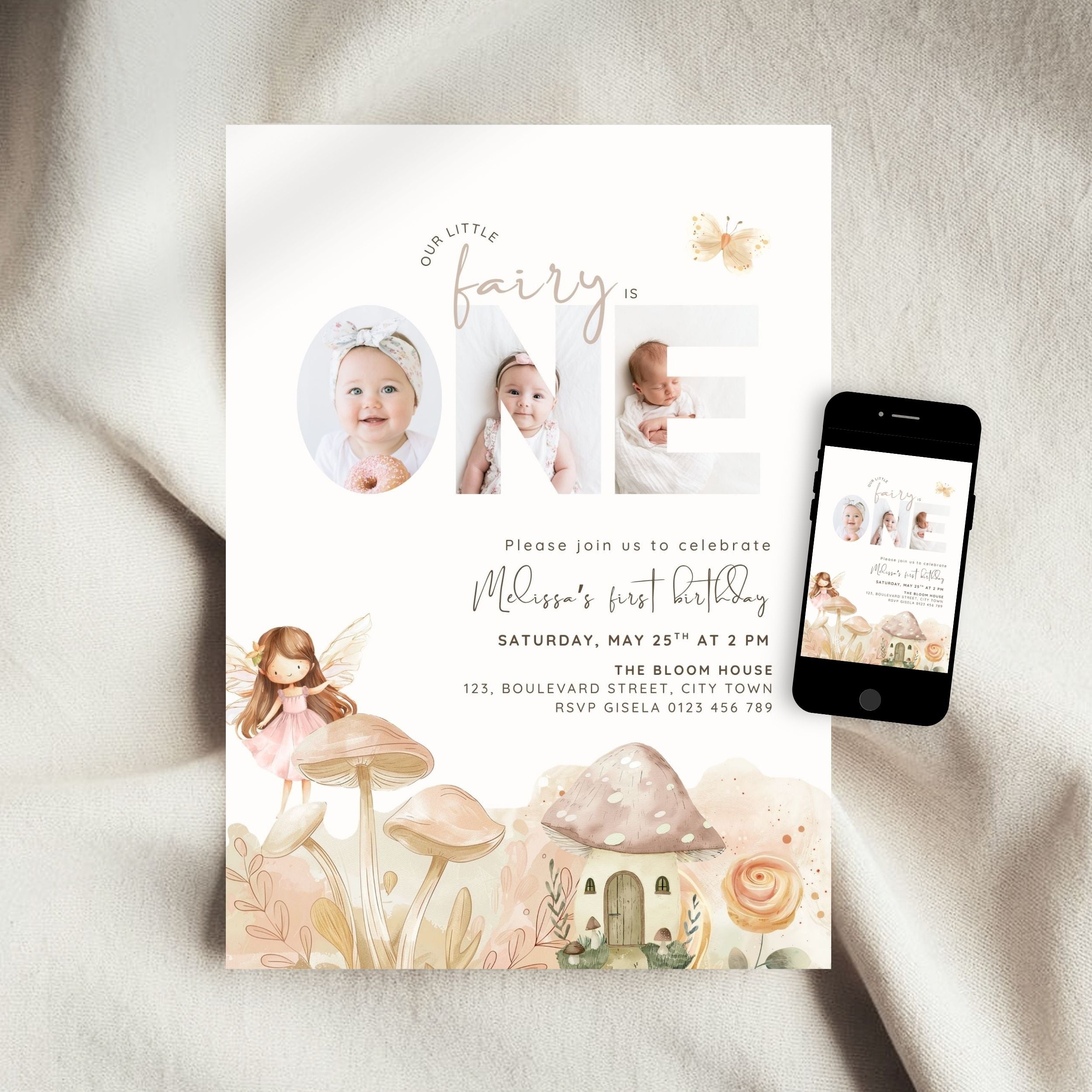 Fairy First Birthday Photo Invitation Template Girls