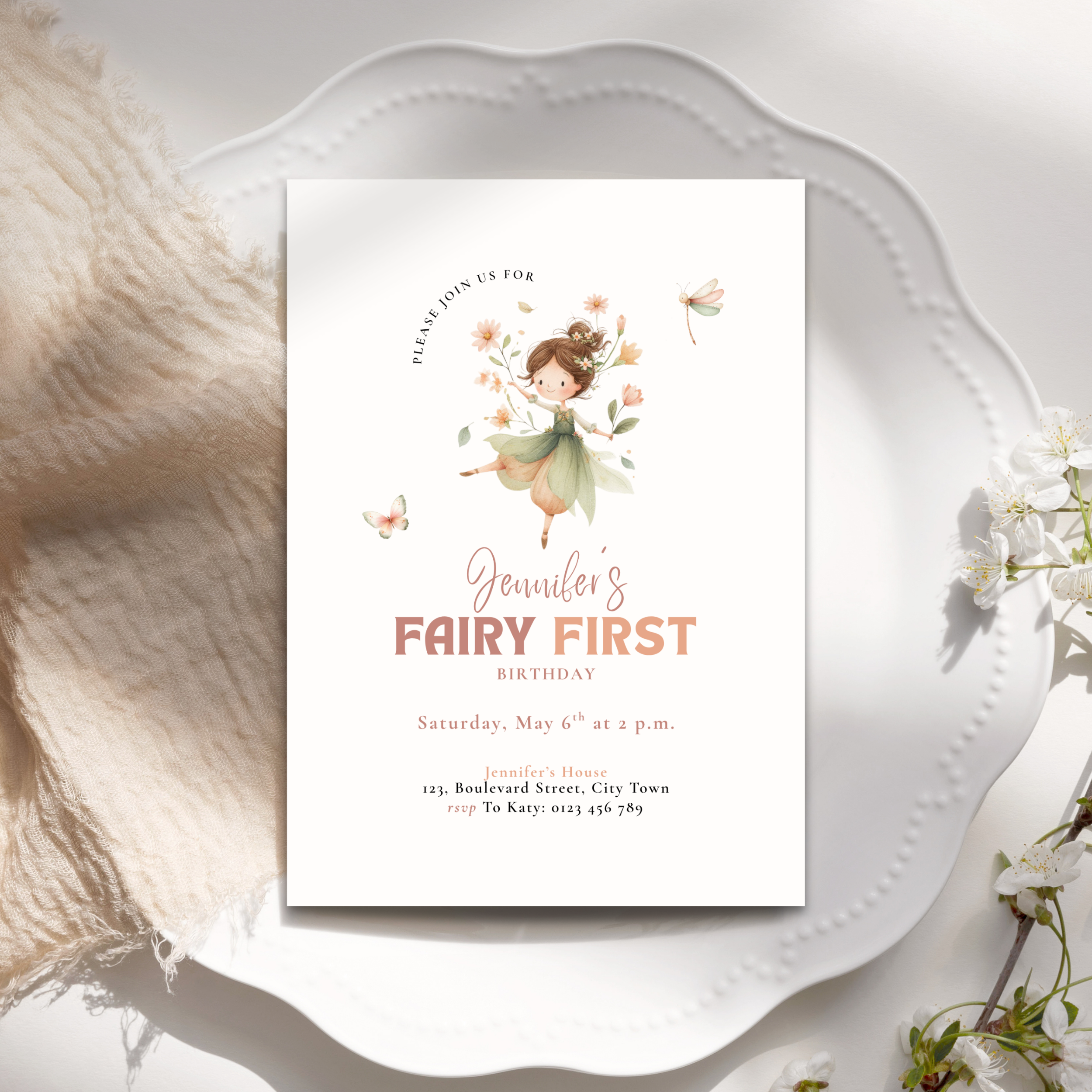 Pastel Fairy First Birthday Invitation Girls