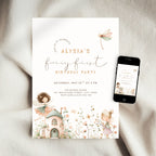 A fairy-themed baby shower invitation card displayed on a soft beige fabric background next to a smartphone showing the digital design preview. The invitation features elegant typography, a delicate dragonfly illustration, and whimsical watercolor illustrations of a fairy house and a fairy girl.