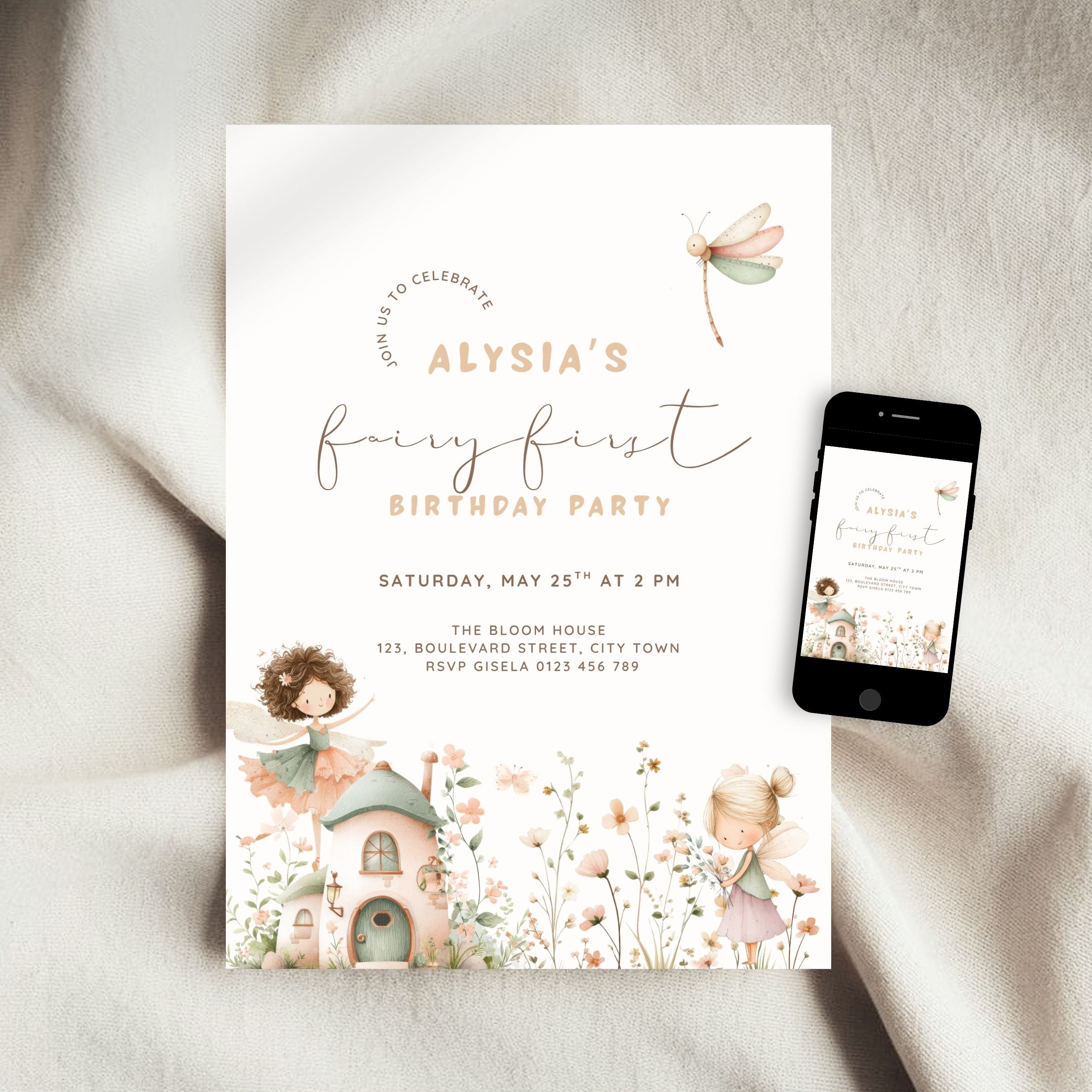A fairy-themed baby shower invitation card displayed on a soft beige fabric background next to a smartphone showing the digital design preview. The invitation features elegant typography, a delicate dragonfly illustration, and whimsical watercolor illustrations of a fairy house and a fairy girl.