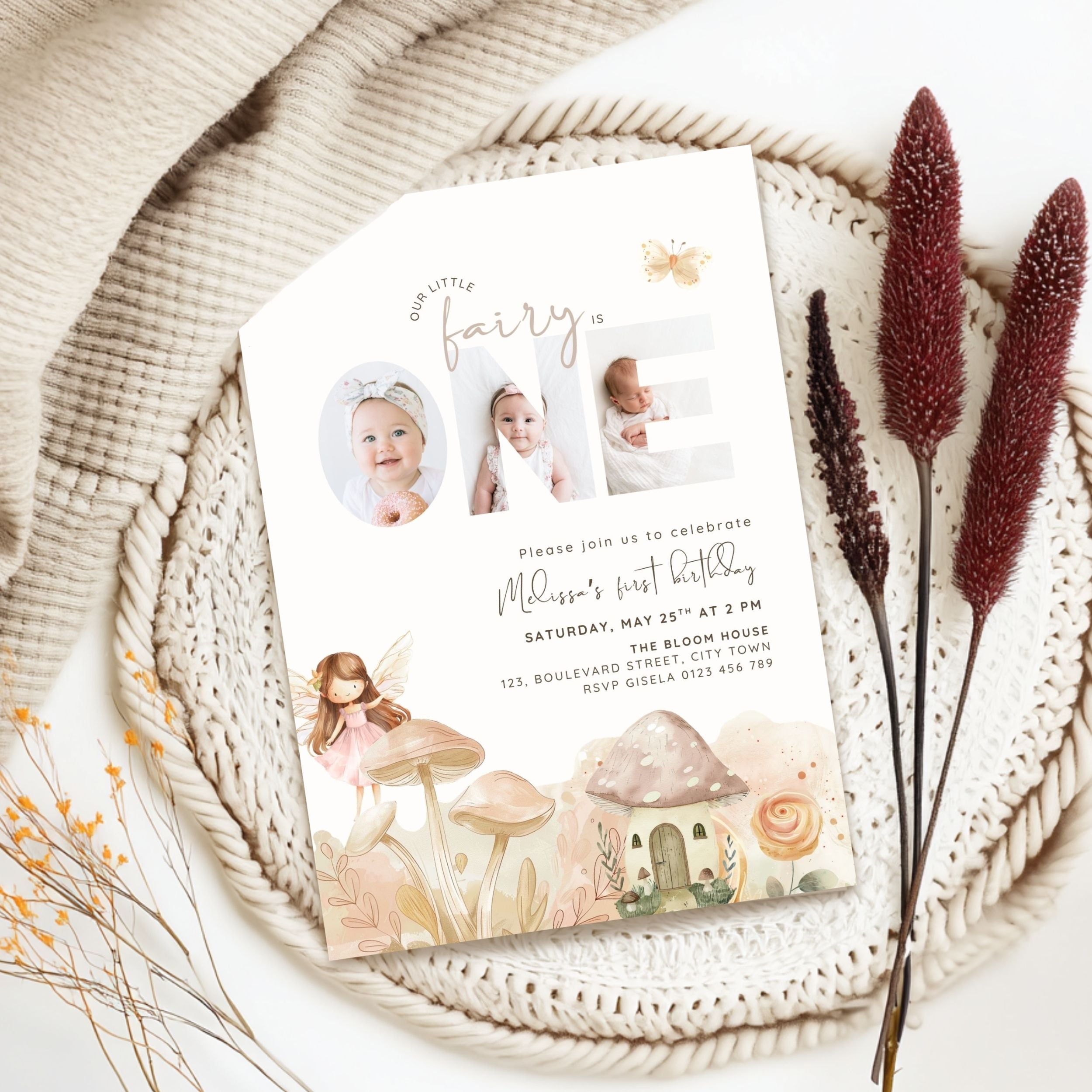 Fairy First Birthday Photo Invitation Template Girls