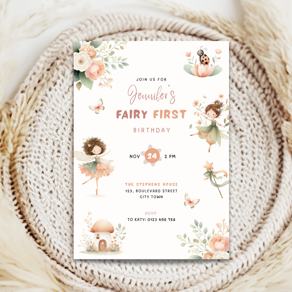 Pastel Fairy First Birthday Invitation Girls