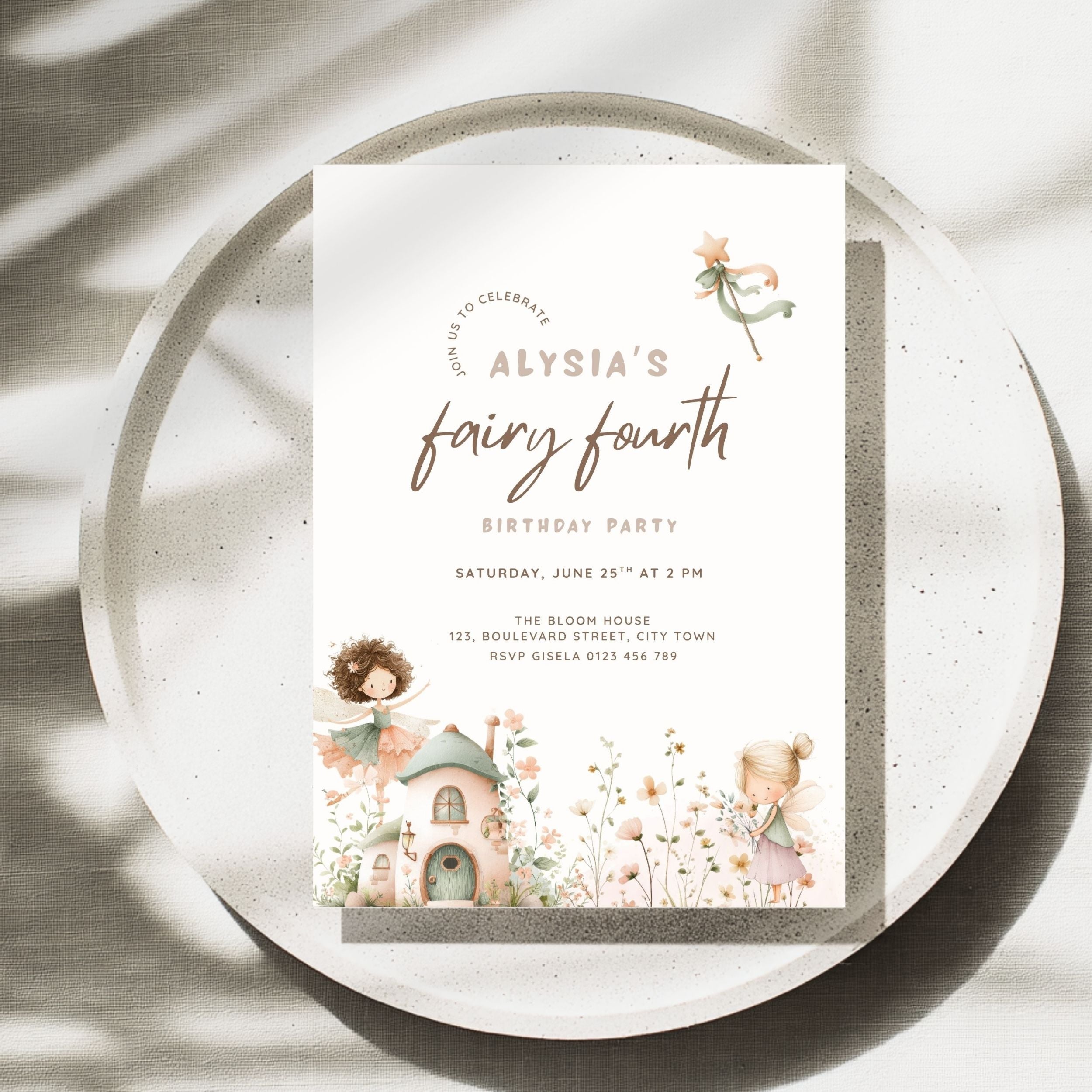 A fairy-themed fourth birthday invitation card with cute illustrations of a cottage, a fairy, and a small character, styled on a speckled ceramic plate with soft leaf shadows.