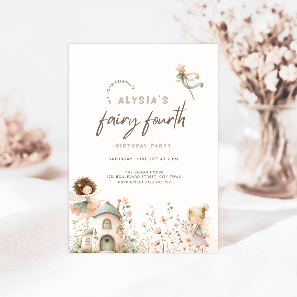 A fairy-themed birthday invitation card for 'Alysia's Fairy Fourth Birthday Party' styled on a white surface with a soft-focus background of dried flowers in a glass vase.