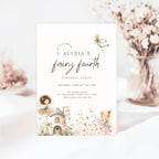 A fairy-themed birthday invitation card for 'Alysia's Fairy Fourth Birthday Party' styled on a white surface with a soft-focus background of dried flowers in a glass vase.