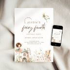 A styled flat-lay of a 'Fairy Fourth' birthday invitation card next to a smartphone displaying the digital version, set on a soft beige fabric background.
