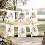 A set of six custom photo banners clipped to two horizontal strings outdoors, featuring cute arch frames, tiny house illustrations, and placeholder photos of babies, set against a blurred park background.