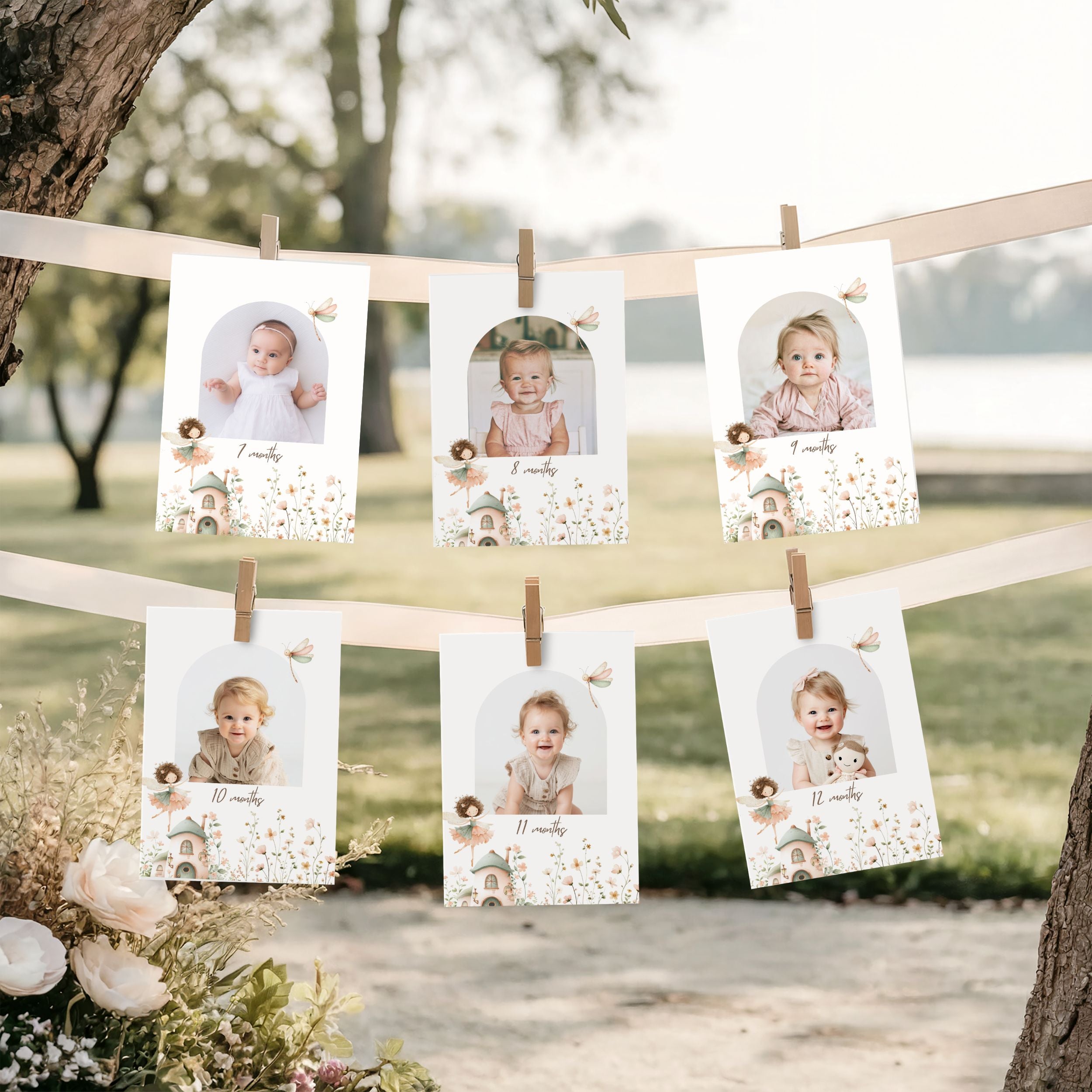 A set of six custom photo banners clipped to two horizontal strings outdoors, featuring cute arch frames, tiny house illustrations, and placeholder photos of babies, set against a blurred park background.