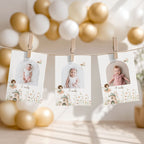 Three custom baby photo prints clipped to a string as a decorative banner, with a soft-focus background of gold and white balloons.