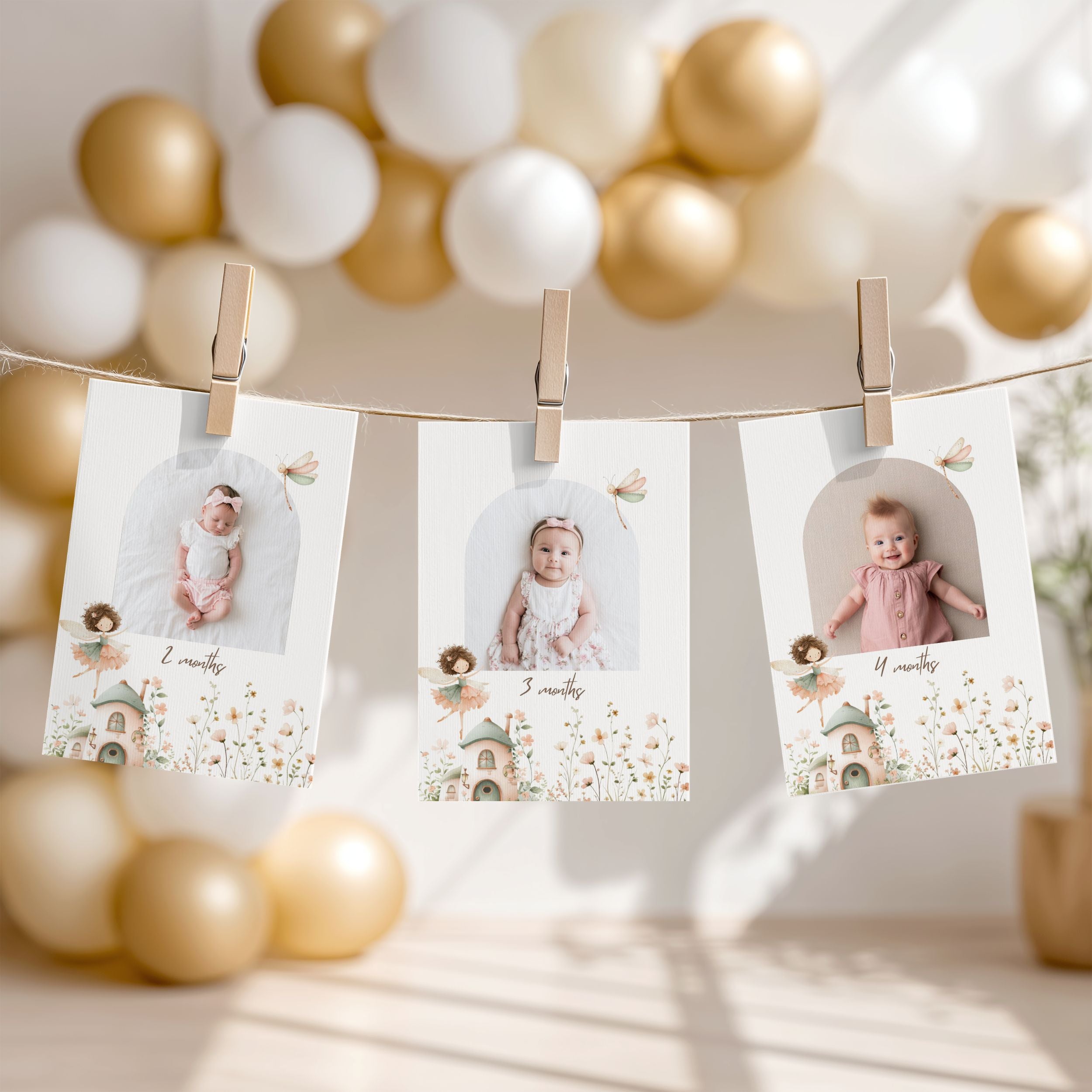 Three custom baby photo prints clipped to a string as a decorative banner, with a soft-focus background of gold and white balloons.