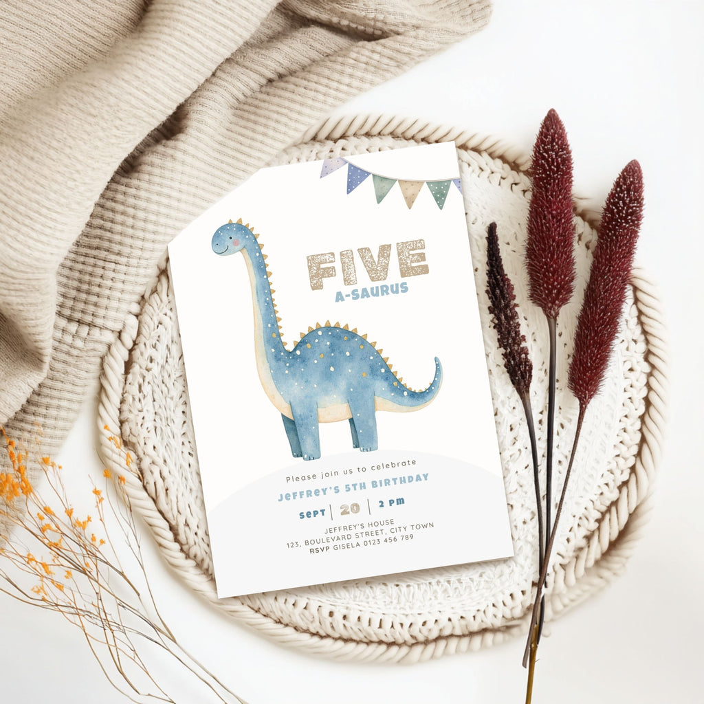 Dinosaur Five A-Saurus 5th Birthday Invitation Boys