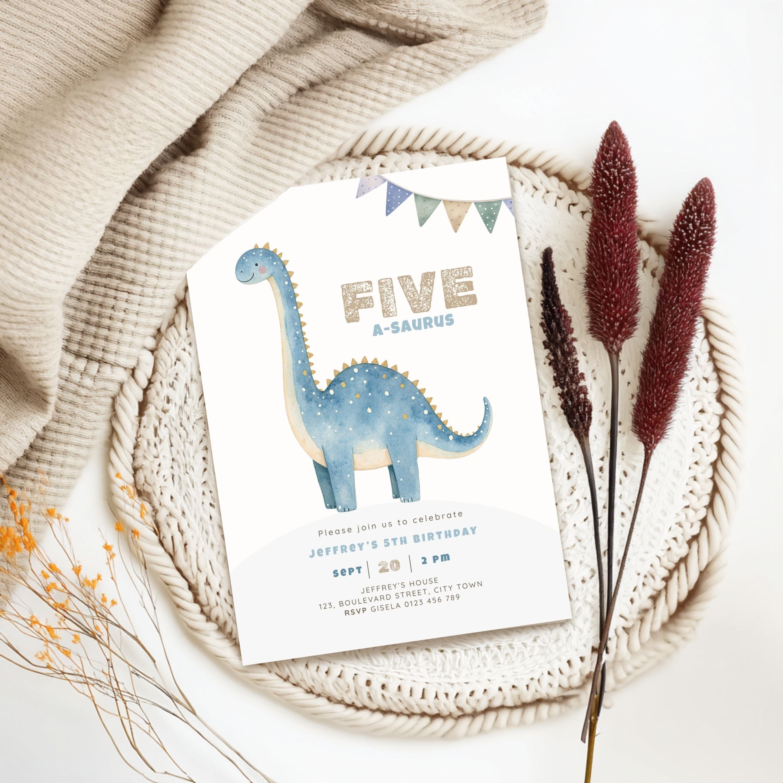 Dinosaur Five A-Saurus 5th Birthday Invitation Boys