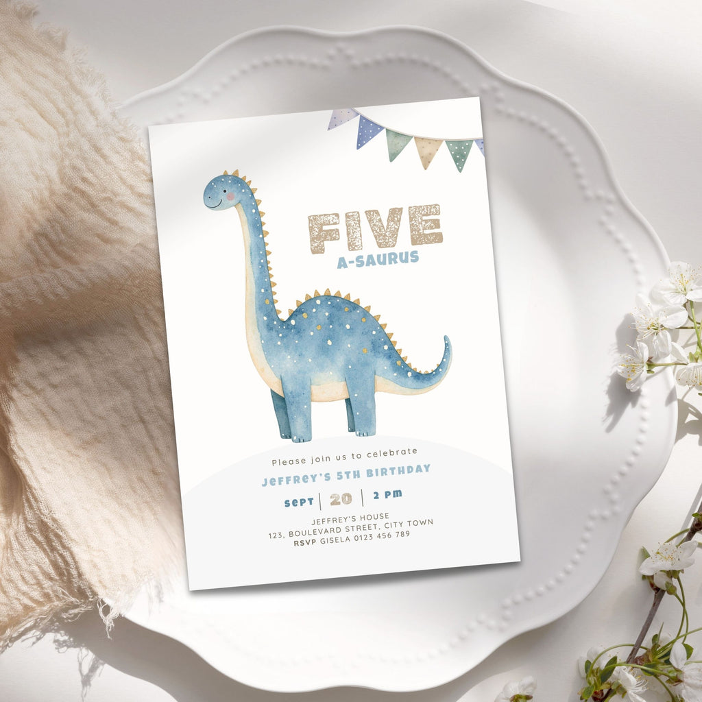 Dinosaur Five A-Saurus 5th Birthday Invitation Boys