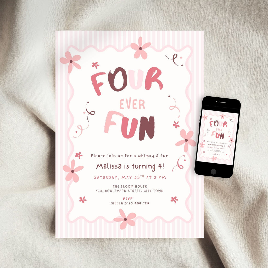 A pink and white floral 'Four Ever Fun' 4th birthday invitation card is displayed on a soft beige fabric surface next to a black smartphone showing the same design on screen.