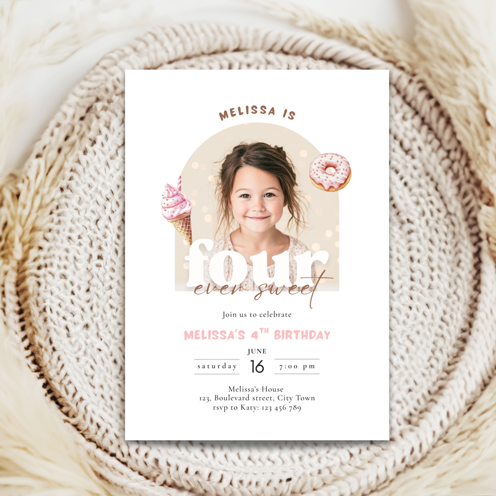 Four ever sweet birthday invitation card with a photo of a young girl on a textured surface