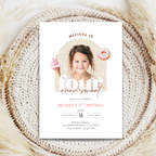 Four ever sweet birthday invitation card with a photo of a young girl on a textured surface