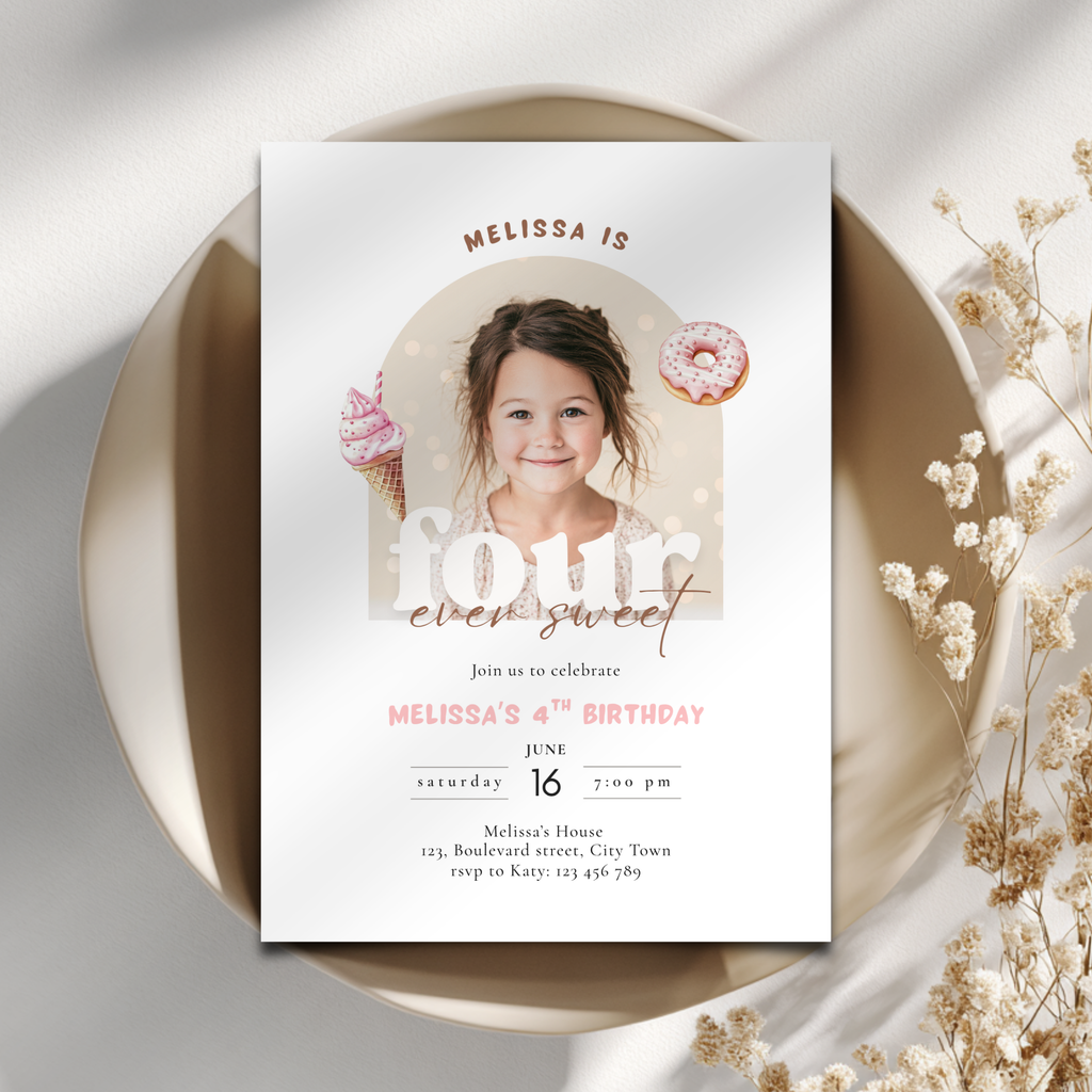 Birthday invitation card with a photo of a young girl on a decorative plate.