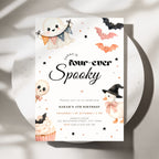 A Halloween-themed birthday invitation card for Sarah's 4th birthday, styled on a round white plate with soft shadows. The card features cute watercolor illustrations of a ghost, a bat, a skull, a witch's hat, and a cupcake, with the text 'Sarah is four-ever Spooky'.