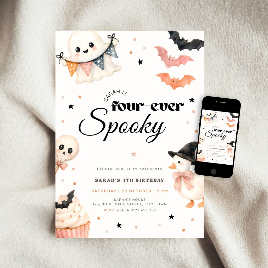 Halloween Fourever Spooky 4th Birthday Invitation Template Girls