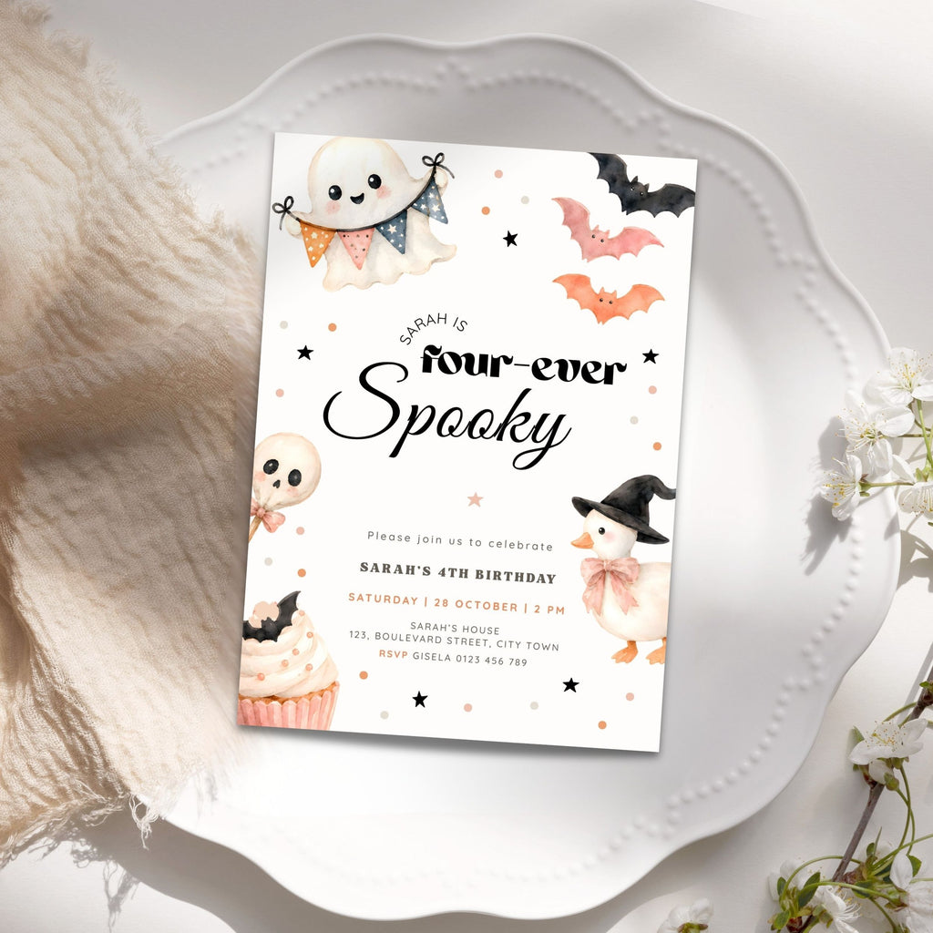 Halloween Fourever Spooky 4th Birthday Invitation Template Girls
