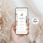 Hand holding a smartphone with a floral Friendsgiving dinner invitation template and a Free edit with Canva badge