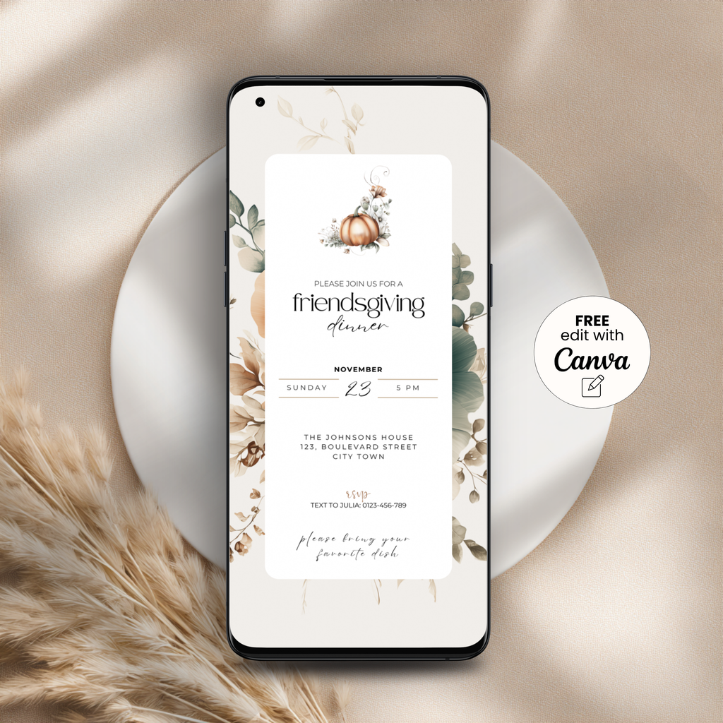 Floral Friendsgiving invitation template with pumpkin and leaves on a phone screen, styled on a white plate