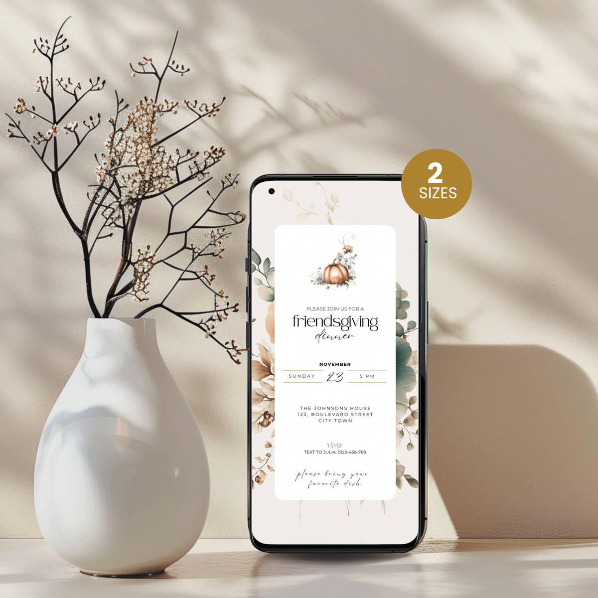Floral Friendsgiving dinner invitation template on a smartphone with a 2 sizes badge