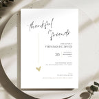Minimal Friendsgiving invitation template with script text on a round beige tray with greenery