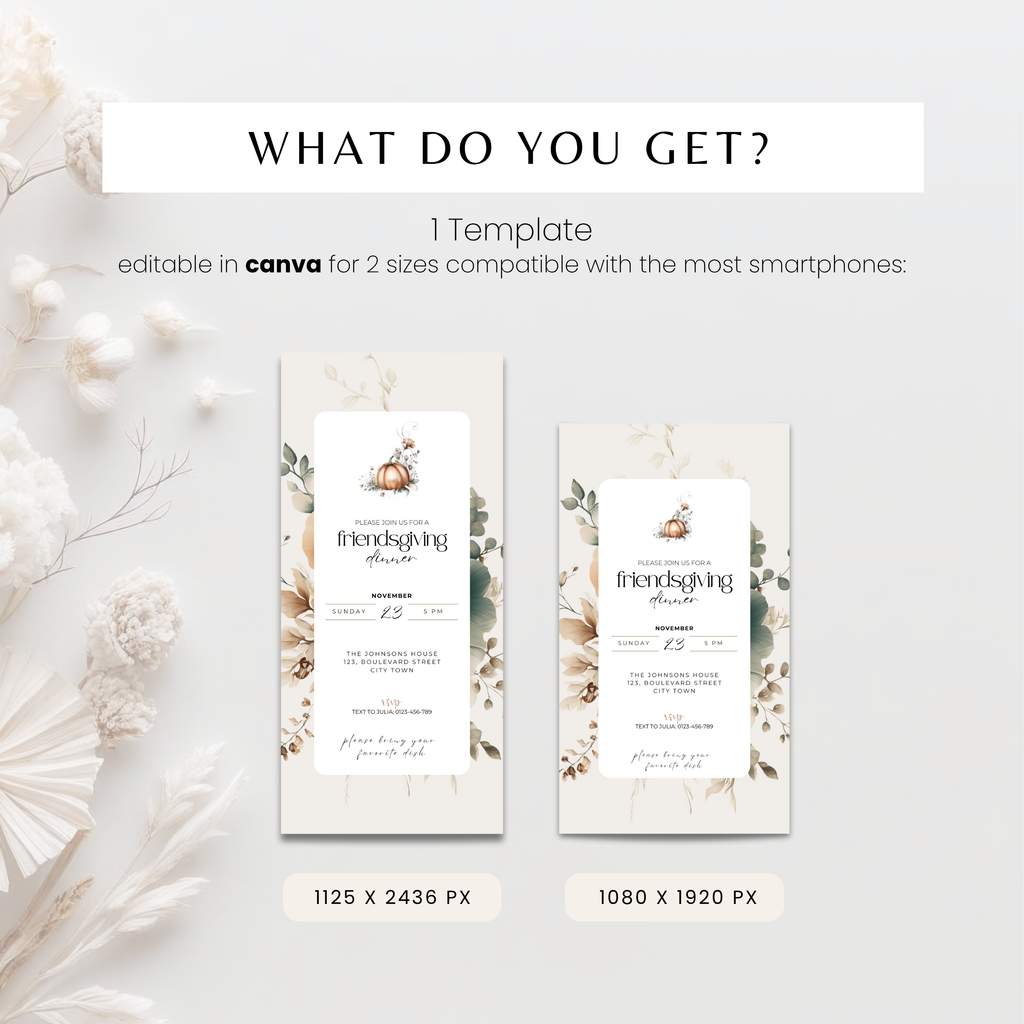 What you get: floral Friendsgiving dinner invitation template in two phone sizes, editable in Canva