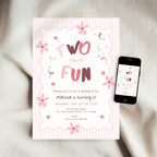 A pink and white striped invitation card with floral illustrations and the text 'Two much FUN' is shown on a soft beige fabric background, alongside a black smartphone displaying the same invitation design.