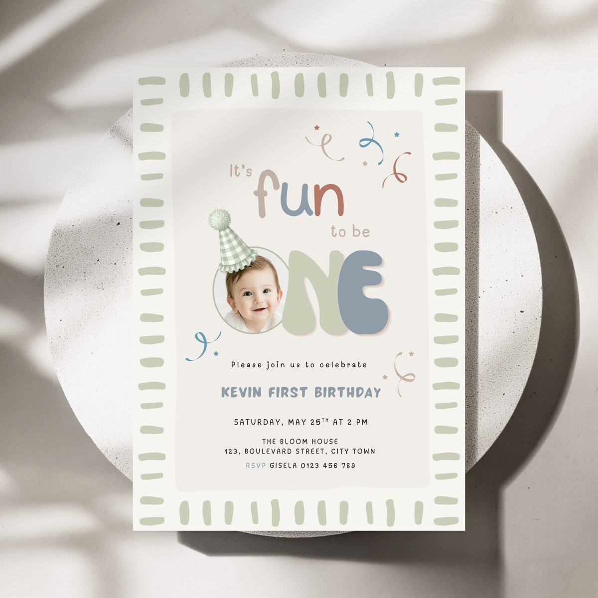 Fun to Be One Photo 1st Birthday Invitation Template Boys – image 1