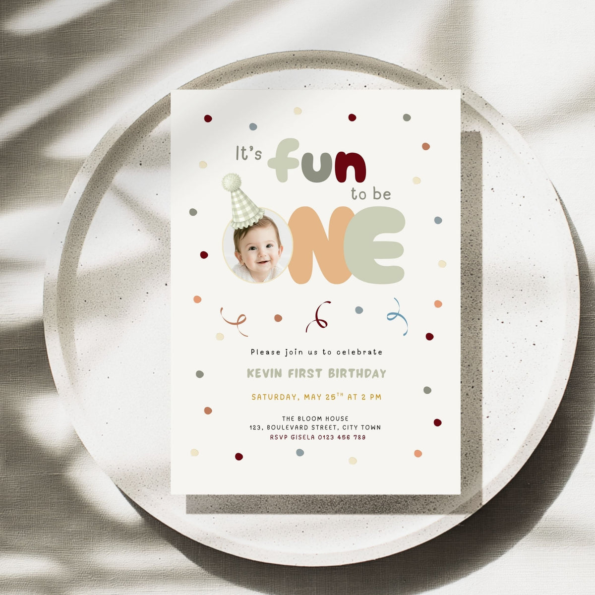 Sage Green Fun to Be One Photo 1st Birthday Invitation Template Boys – image 2
