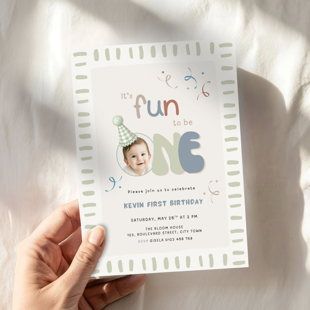 Fun to Be One Photo 1st Birthday Invitation Template Boys – image 2