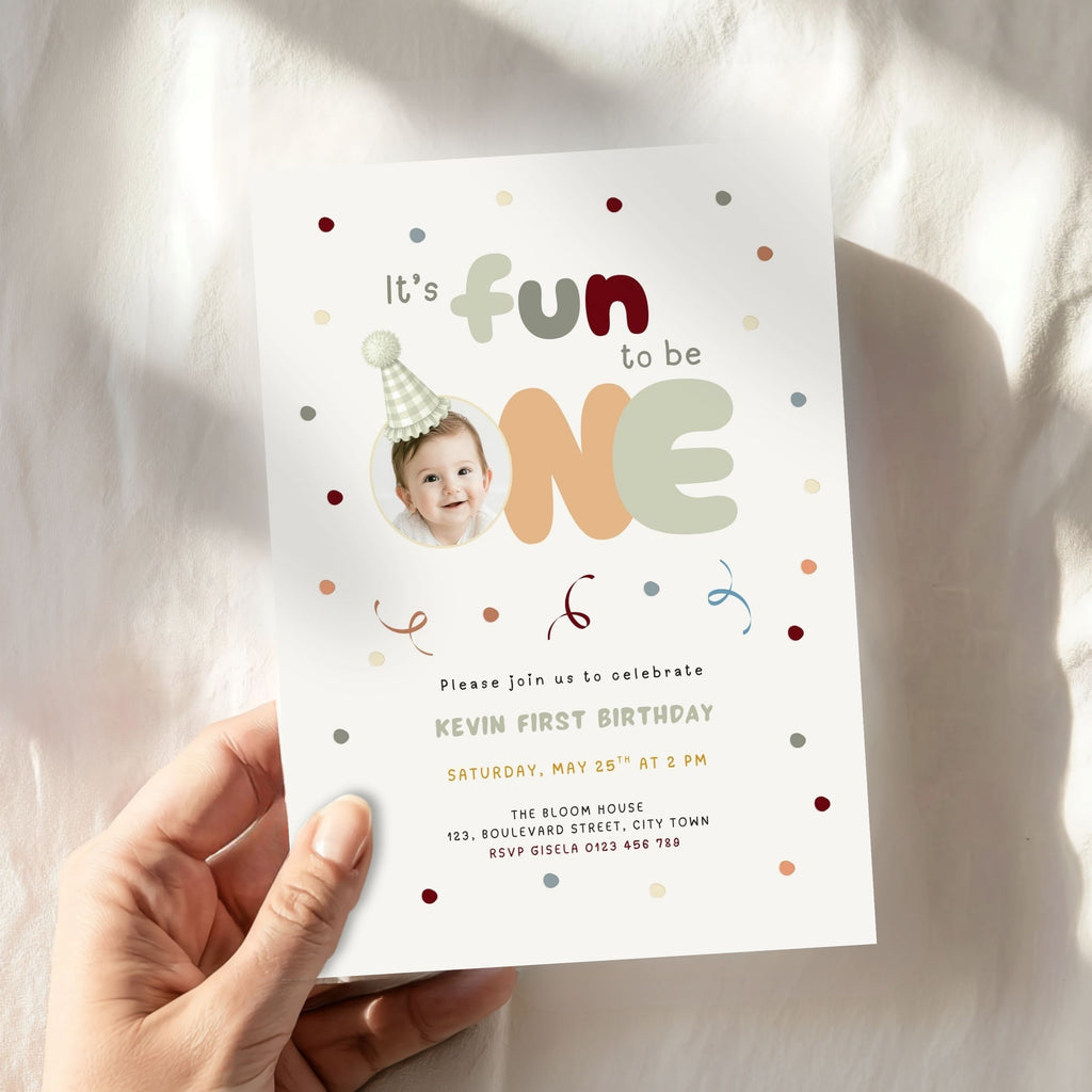 Sage Green Fun to Be One Photo 1st Birthday Invitation Template Boys – image 3