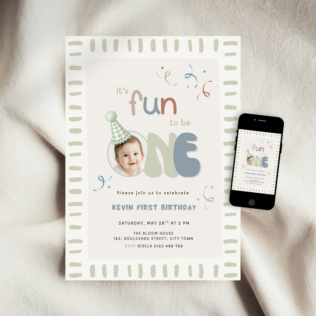 Fun to Be One Photo 1st Birthday Invitation Template Boys – image 3