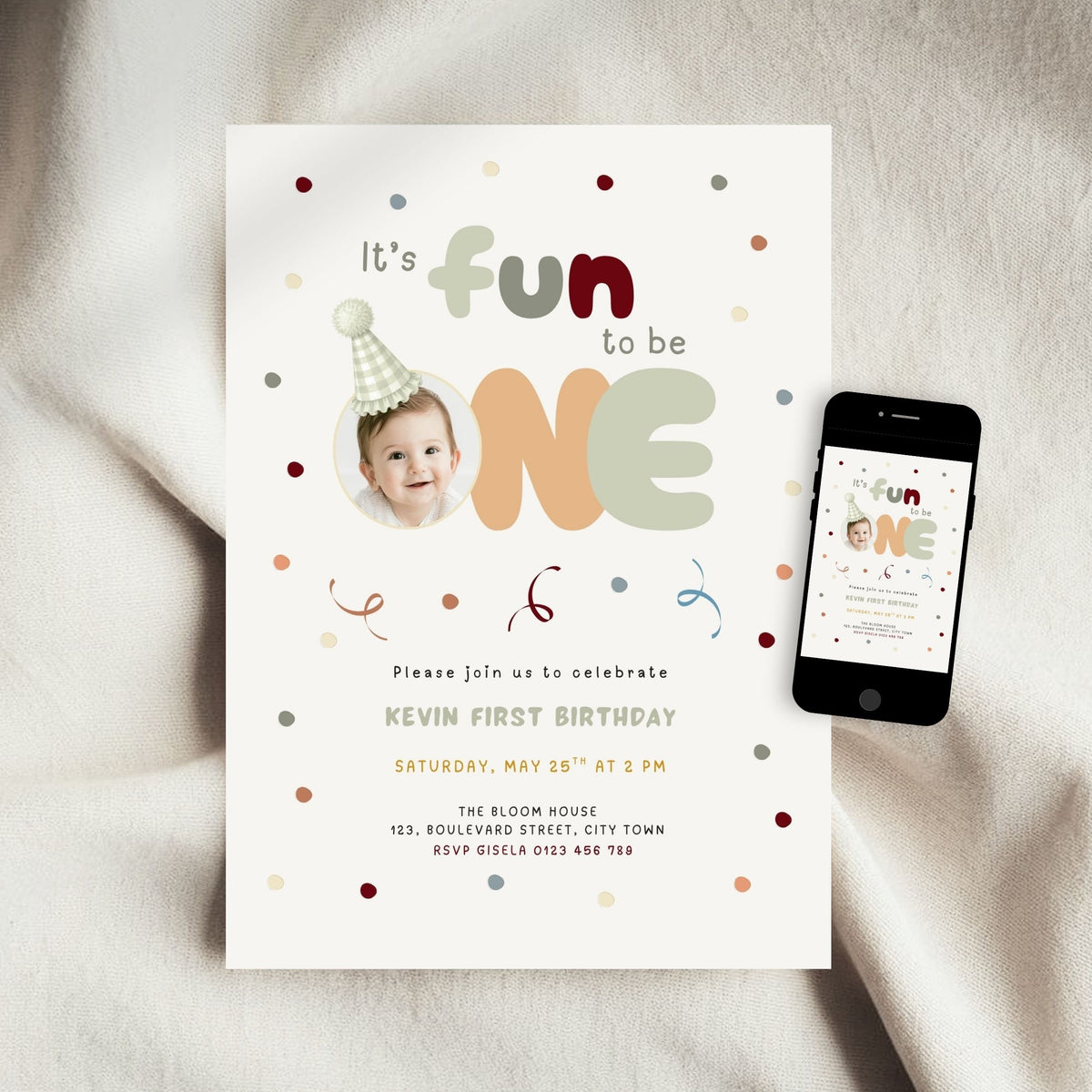 Sage Green Fun to Be One Photo 1st Birthday Invitation Template Boys – image 4