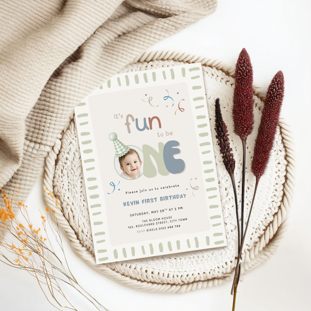 Fun to Be One Photo 1st Birthday Invitation Template Boys – image 4
