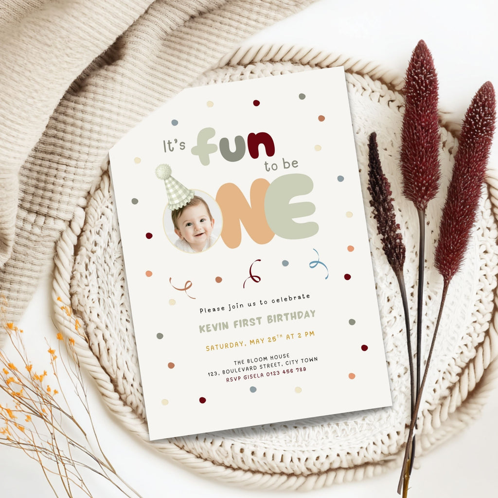 Sage Green Fun to Be One Photo 1st Birthday Invitation Template Boys – image 1