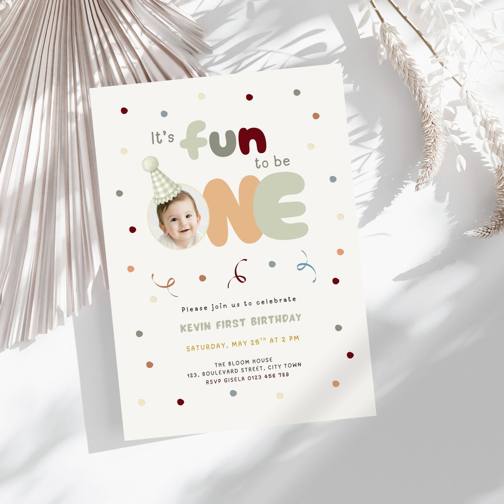 Sage Green Fun to Be One Photo 1st Birthday Invitation Template Boys – image 5