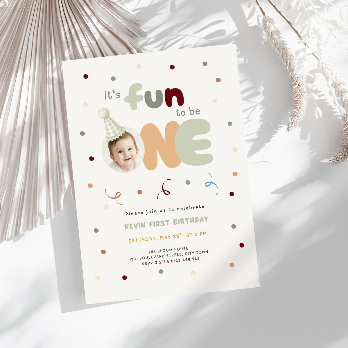 Sage Green Fun to Be One Photo 1st Birthday Invitation Template Boys – image 5