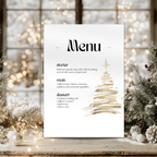 Golden Christmas tree menu card template with a glittery gold tree and black text, styled with pine tree and window at the back.