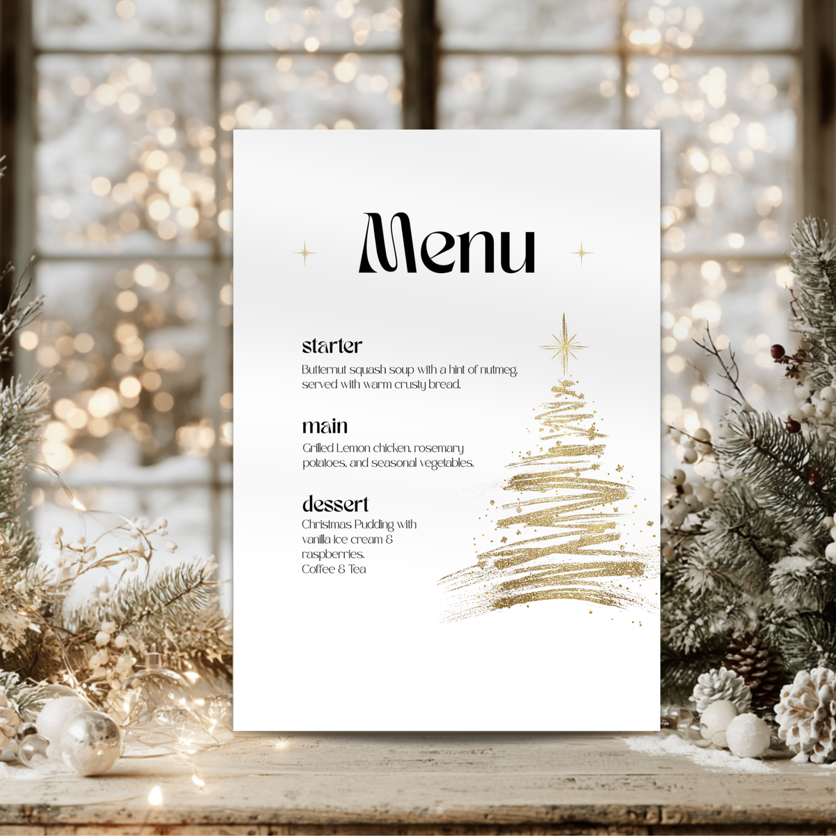 Golden Christmas tree menu card template with a glittery gold tree and black text, styled with pine tree and window at the back.